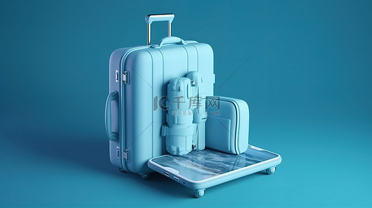 手机海报旅游背景图片_蓝色背景下行李和智能手机的旅行必需品 3D 渲染