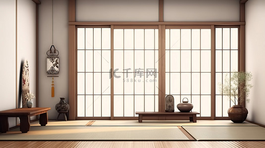 日式房间背景图片_简约日式房间的 3D 渲染，室内设计干净