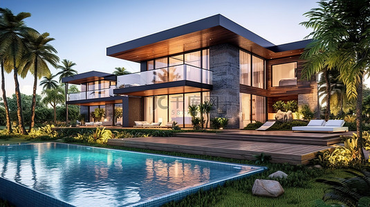 令人惊叹的户外空间现代住宅和别墅，配有 3D 渲染的游泳池露台和园景花园