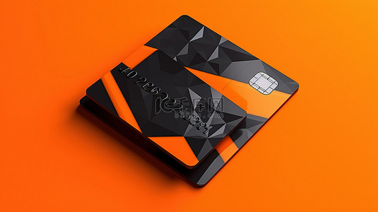带有黑色信用卡设计的橙色背景的 3D 插图
