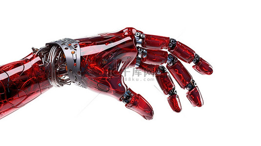 半透明红色机器人手，手掌张开，在白色背景上进行 3D 渲染