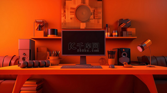 1 3D 插图橙色办公桌横幅，配有电脑