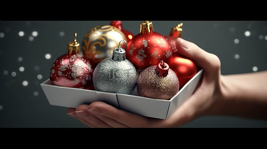 赠送热饮背景图片_3d 渲染中双手赠送的圣诞球礼品盒