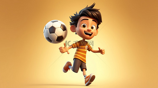 可爱的卡通男生背景图片_可爱的 3D 卡通亚裔青少年踢足球