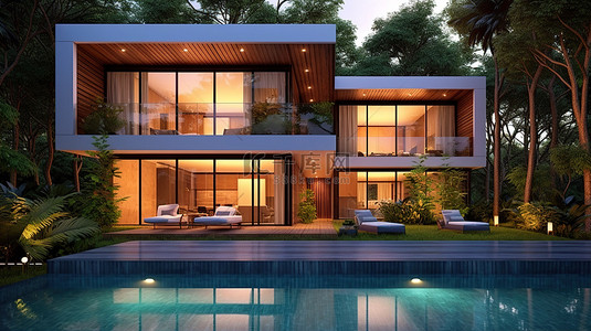 风景房屋背景图片_房屋别墅和住宅的 3D 渲染，具有美丽的外观设计，包括游泳池露台和景观花园