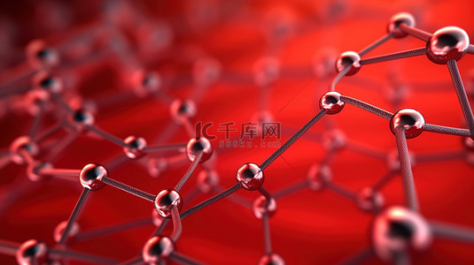 在充满活力的红色背景上由石墨烯制成的分子纳米结构的 3D 渲染