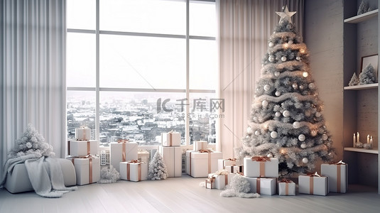 运动长袜背景图片_节日客厅圣诞树礼物和长袜的 3D 渲染