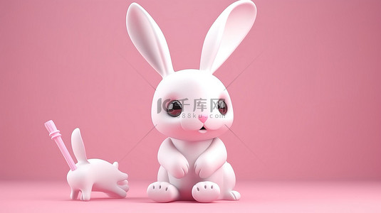 坐著的孩子背景图片_粉红色背景展示了可爱的 3d 兔子玩具模型渲染