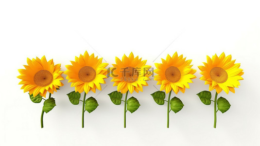 白色背景下辐射黄色向日葵的 3D 插图