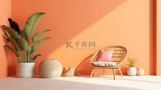 沿海波西米亚风格内饰的 3D 渲染，配有舒适的椅子和充满活力的橙色墙壁