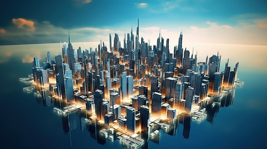 未来派低聚城市景观 3D 渲染中城市发展的高科技视图