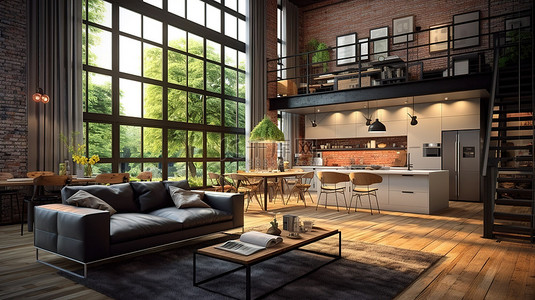 家居窗户背景图片_工业风格阁楼，配有开放式客厅和厨房 3D 渲染
