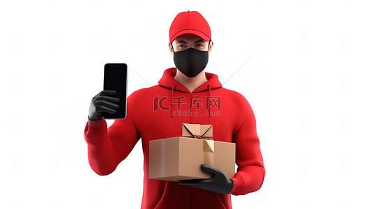 外卖快递员背景图片_一名身穿红色圣诞 T 恤和面具的送货员携带一个纸板箱和智能手机，描绘物流概念孤立的 3D 插图
