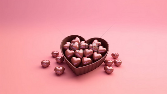 浪漫的巧克力心形在腮红粉红色背景上，有足够的空间用于 3D 解释中描绘的文字