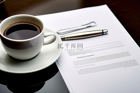 咖啡纸背景图片_一杯咖啡放在一张纸旁边，旁边是一份协议