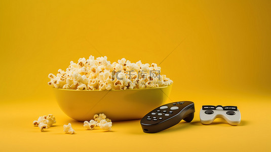 吃黄色背景图片_娱乐必需品游戏手柄电视遥控器 3D 眼镜和黄色爆米花碗