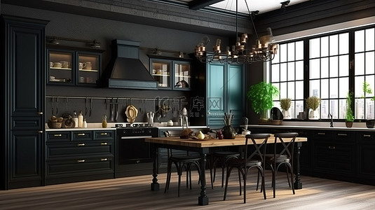 古董黑色背景图片_时尚复古风格的厨房配有永恒的黑色家具 3D 渲染