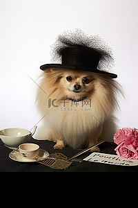 英语可爱背景图片_一只戴帽子的狗被放在一个带有空标志的碗旁边