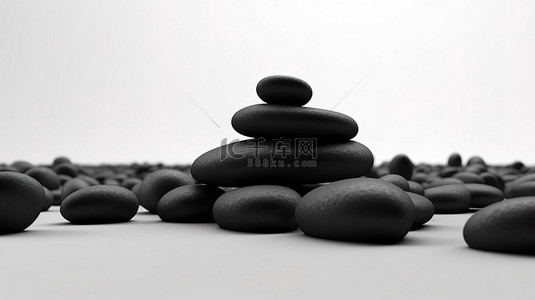 禅泉背景图片_白色背景上带有复制空间的黑色卵石堆的抽象 3D 插图