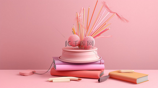 3D 创建的粉红色背景上带有文具用品的象征性教育学位帽