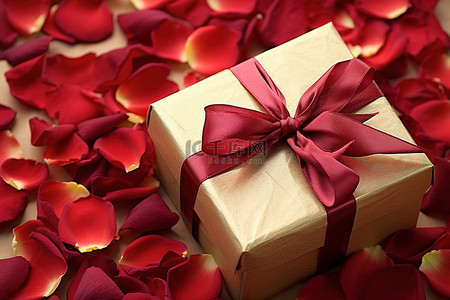 有红色玫瑰花瓣的礼品盒