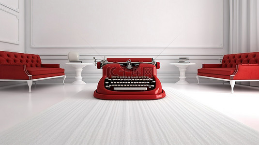 打字特写背景图片_3D 渲染红色打字机在配有红地毯和白墙的房间白色圆桌上的极端特写