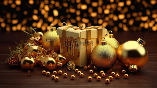 新年庆祝活动的 3D 折扣券，配有节日圣诞玩具金币和树木