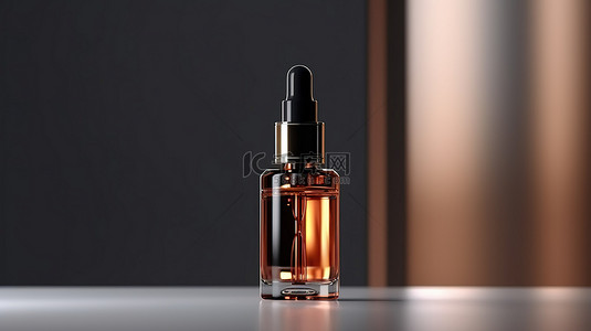 玻璃油瓶背景图片_棕色玻璃血清的提升展示，带有光滑的黑色滴管，在圆柱讲台上展示面部血清模型的 3D 插图