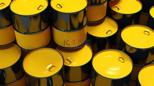 黄色背景 3d 渲染上用于工业油和柴油的堆叠金属桶