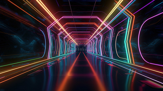 霓虹灯隧道照亮 3D 抽象背景令人惊叹的插图