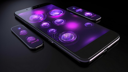 电话线路背景图片_3d 渲染的移动应用程序按钮显示在具有深紫色背景的智能手机顶部