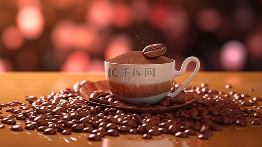 一杯芳香的咖啡，带有咖啡豆的逼真 3D 渲染背景