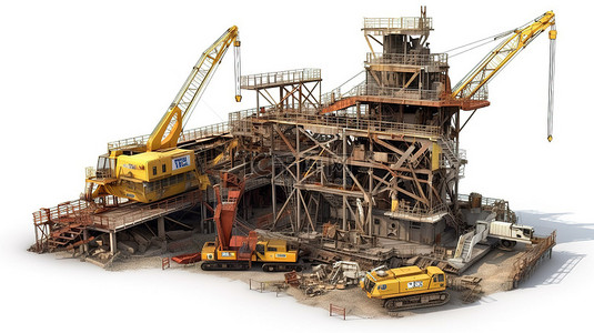 具体工作背景图片_有起重机和挖掘机 3D 模型的建筑施工现场