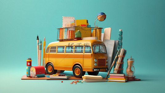 青色空间，配有 3D 校车书包铅笔彩色铅笔和书籍
