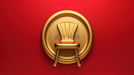 标志性椅子，纹理红色和金色板上闪亮的金色符号，以 3D 形式呈现，用于社交媒体
