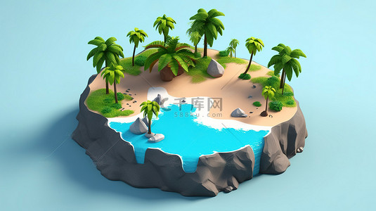 夏季热带旅游背景图片_宁静的热带岛屿棕榈树和水晶般清澈的海水的 3D 等距视图非常适合旅行和度假背景