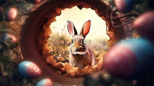 复活节快乐背景图片_3D 渲染的复活节彩蛋，可瞥见复活节兔子