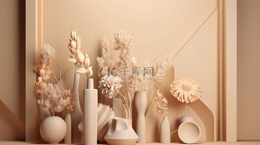 高架 3D 展示玻璃花瓶鲜花和装饰花瓶在柔和的奶油色和米色背景下
