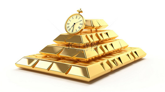 時間金錢背景图片_3d 白色背景上的金条金字塔和秒表