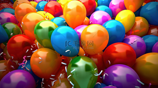 充满活力的气球的 3D 渲染，显示快乐的生日消息