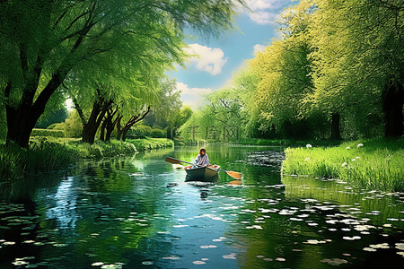 划船背景图片_一个人在草地中间划船顺流而下