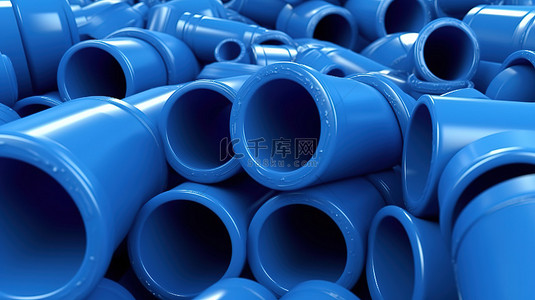 促销引流背景图片_用于饮用水供应的连接蓝色 PVC 管道的 3d 插图