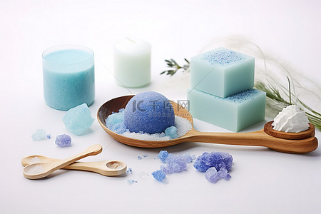 浴背景图片_白色背景中的蓝色盐肥皂和盐