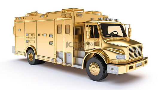 消防汽车背景图片_纯白色背景上 3D 描绘的金色消防员急救车