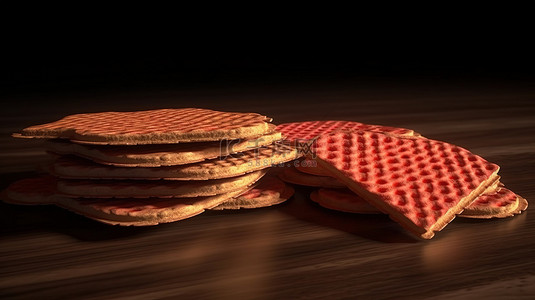 3D 渲染中的草莓涂层脆片威化饼