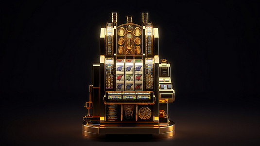纸牌设计元素背景图片_黑色赌场背景中的金色老虎机，以 3D 渲染，细节复杂
