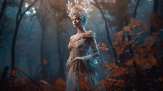 拿着花的女人背景图片_令人惊叹的 3D 渲染肖像中描绘的幻想森林女王