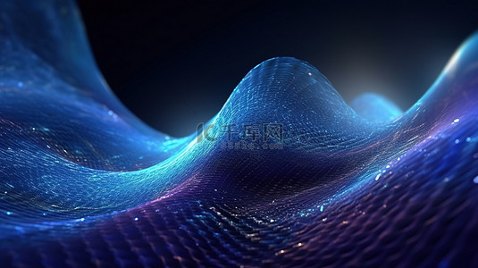 抽象 3D 渲染蓝色数字粒子的流动波