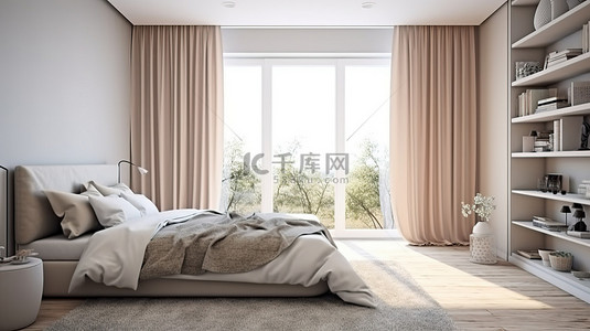 宽敞的卧室，配有大窗户和特大号床 3D 渲染