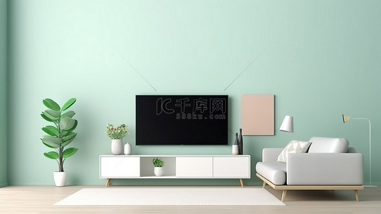 电视样机背景图片_带薄荷墙和智能电视样机的日本客厅 3D 渲染